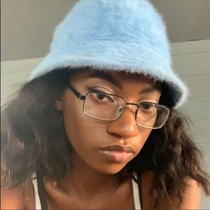 blue fuzzy bucket hat